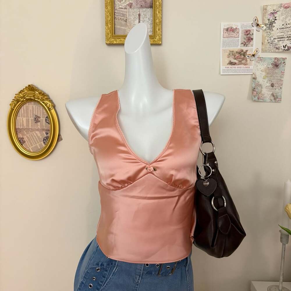 Wild Fable Satin Camisole Top Size xs Pink V-Neck Lace Trim Tie Back